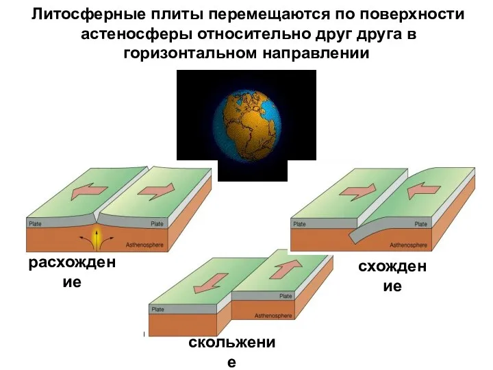 Литосферные плиты перемещаются по поверхности астеносферы относительно друг друга в горизонтальном направлении расхождение схождение скольжение