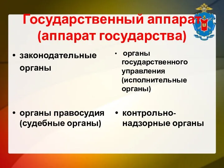 Государственный аппарат (аппарат государства) законодательные органы органы государственного управления (исполнительные