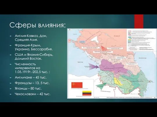 Сферы влияния: Англия-Кавказ, Дон, Средняя Азия. Франция-Крым, Украина, Бессарабия. США