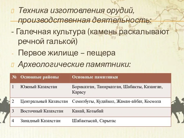 Техника изготовления орудий, производственная деятельность: - Галечная культура (камень раскалывают