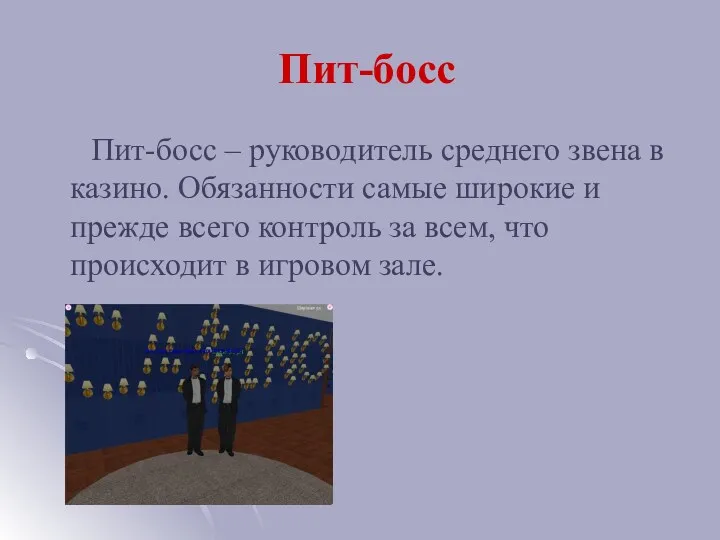 Пит-босс Пит-босс – руководитель среднего звена в казино. Обязанности самые