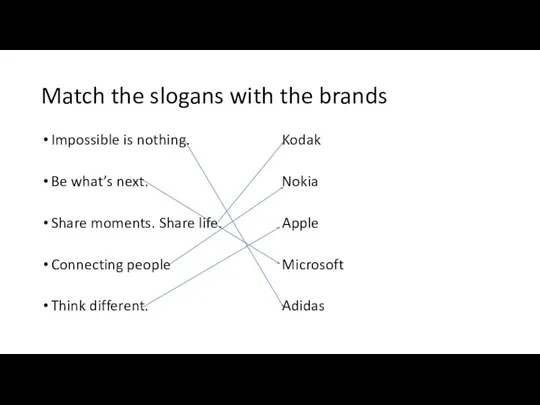 Match the slogans with the brands Impossible is nothing. Be