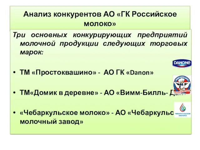 Анализ конкурентов АО «ГК Российское молоко» Три основных конкурирующих предприятий