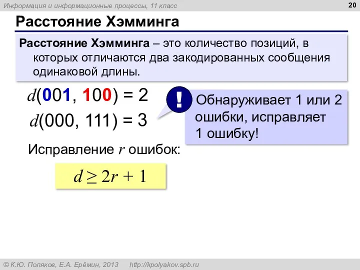 Расстояние Хэмминга Расстояние Хэмминга – это количество позиций, в которых