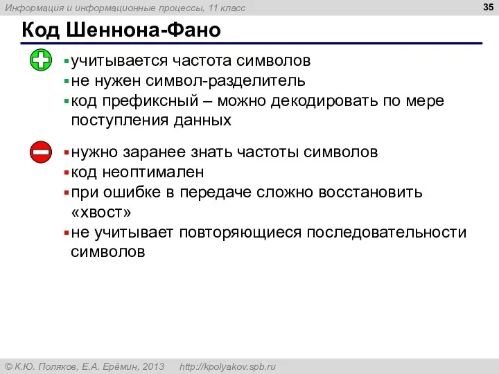 Код Шеннона-Фано учитывается частота символов не нужен символ-разделитель код префиксный – можно декодировать