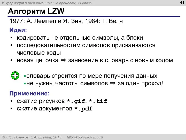 Алгоритм LZW 1977: А. Лемпел и Я. Зив, 1984: Т. Велч Идеи: кодировать