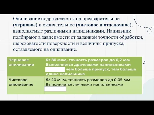 Опиливание подразделяется на предварительное (черновое) и окончательное (чистовое и отделочное),