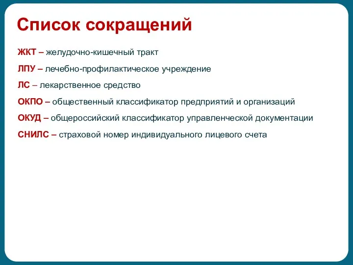 Список сокращений ЖКТ – желудочно-кишечный тракт ЛПУ – лечебно-профилактическое учреждение