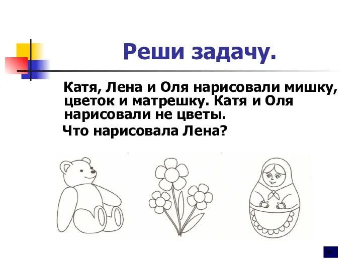 Реши задачу. Катя, Лена и Оля нарисовали мишку, цветок и матрешку. Катя и
