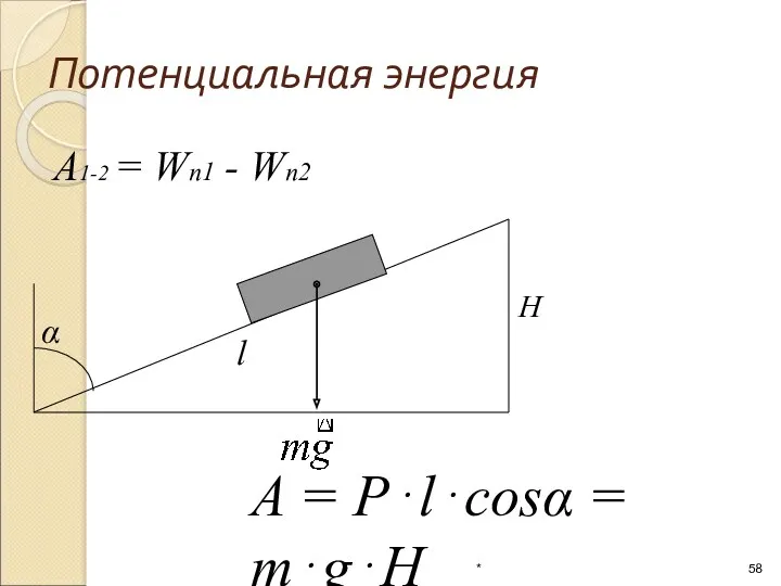 Потенциальная энергия A1-2 = Wп1 - Wп2 A = P⋅l⋅cosα = m⋅g⋅H *