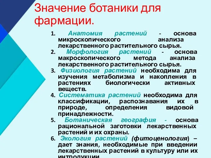 Значение ботаники для фармации. 1. Анатомия растений - основа микроскопического