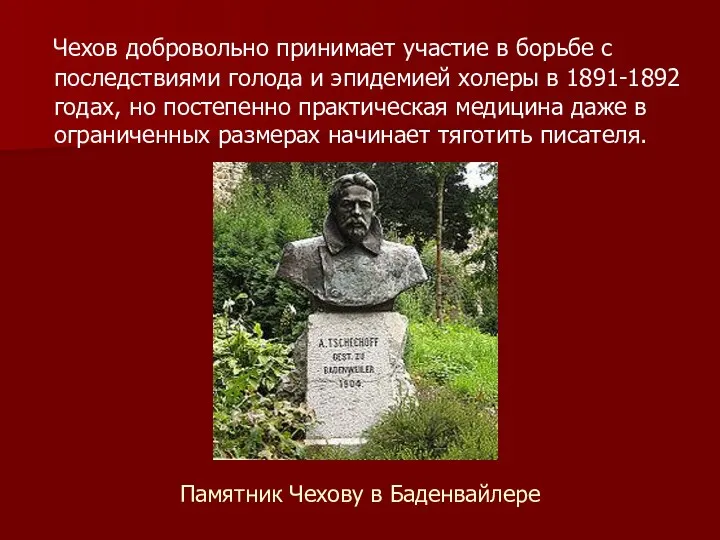 Памятник Чехову в Баденвайлере Чехов добровольно принимает участие в борьбе