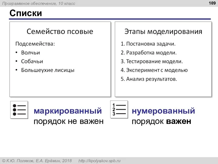 Списки маркированный порядок не важен нумерованный порядок важен