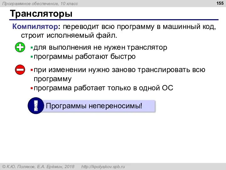 Трансляторы Компилятор: переводит всю программу в машинный код, строит исполняемый