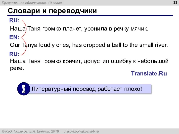 Словари и переводчики Translate.Ru Наша Таня громко плачет, уронила в