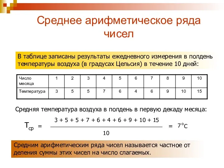 Среднее арифметическое ряда чисел В таблице записаны результаты ежедневного измерения в полдень температуры