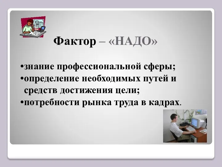 Фактор – «НАДО» знание профессиональной сферы; определение необходимых путей и