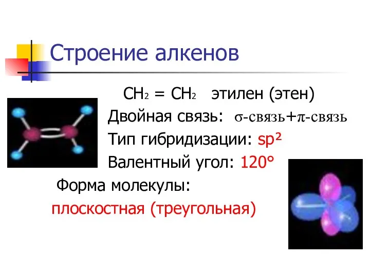 Строение алкенов СН2 = СН2 этилен (этен) Двойная связь: σ-связь+π-связь