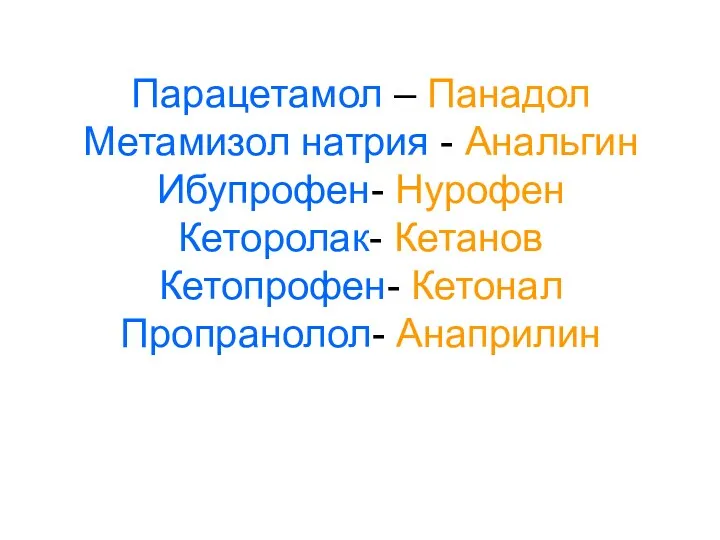 Парацетамол – Панадол Метамизол натрия - Анальгин Ибупрофен- Нурофен Кеторолак- Кетанов Кетопрофен- Кетонал Пропранолол- Анаприлин