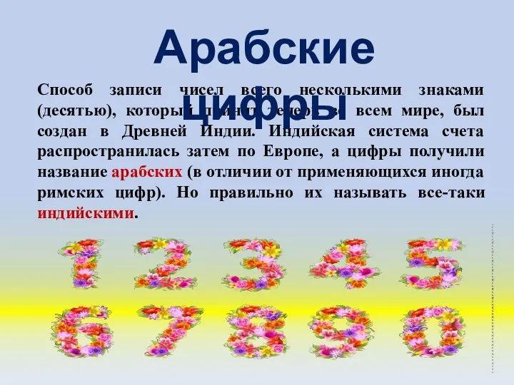 Способ записи чисел всего несколькими знаками (десятью), который принят теперь