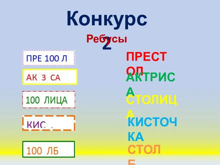 Конкурс 2 Ребусы ПРЕСТОЛ АКТРИСА СТОЛИЦА КИСТОЧКА СТОЛБ