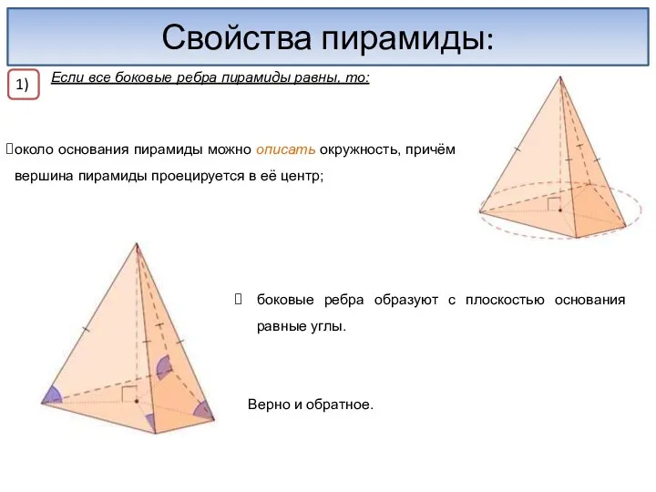Свойства пирамиды: Если все боковые ребра пирамиды равны, то: около
