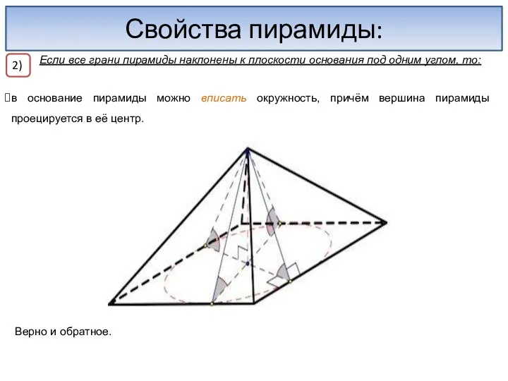 Свойства пирамиды: Если все грани пирамиды наклонены к плоскости основания