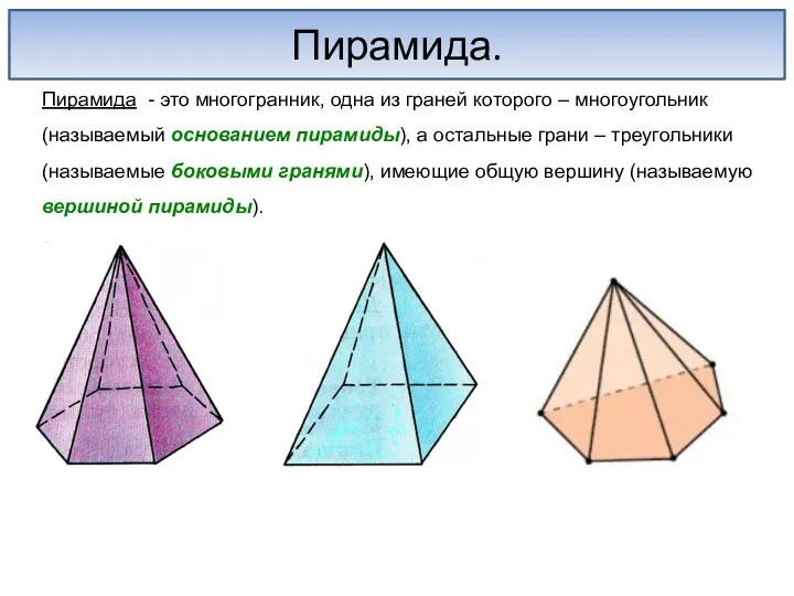 Пирамида. Пирамида - это многогранник, одна из граней которого –