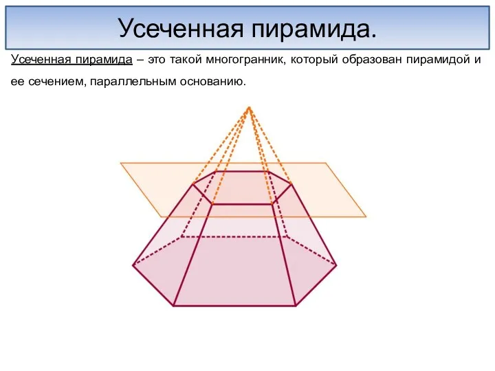 Усеченная пирамида. Усеченная пирамида – это такой многогранник, который образован пирамидой и ее сечением, параллельным основанию.