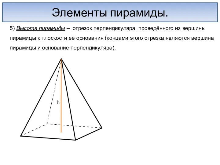 Элементы пирамиды. 5) Высота пирамиды – отрезок перпендикуляра, проведённого из