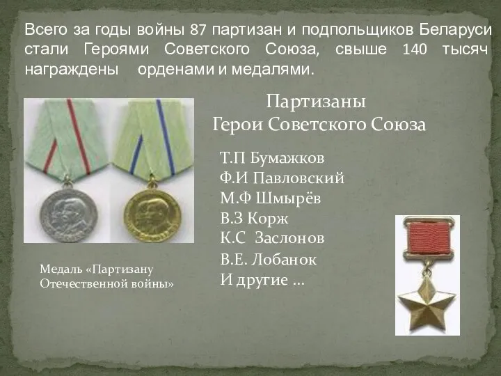 Всего за годы войны 87 партизан и подпольщиков Беларуси стали Героями Советского Союза,