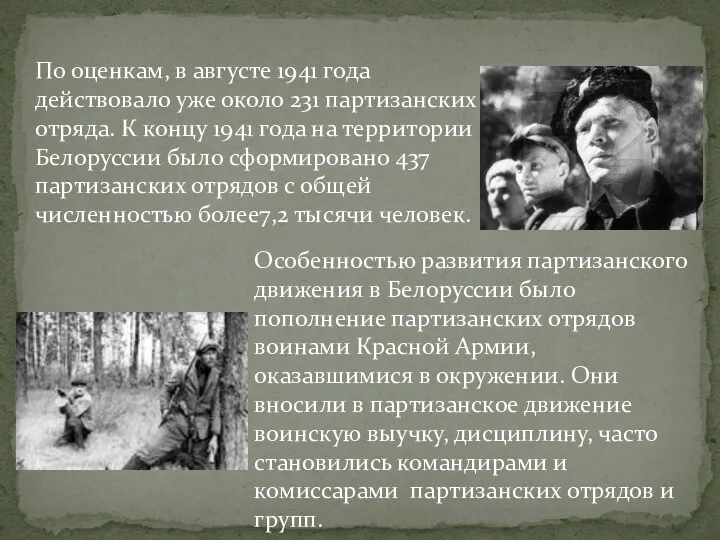 По оценкам, в августе 1941 года действовало уже около 231 партизанских отряда. К