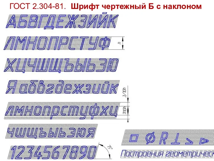 ГОСТ 2.304-81. Шрифт чертежный Б с наклоном