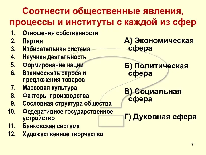 ? Соотнести общественные явления, процессы и институты с каждой из