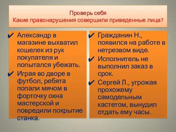 Проверь себя Какие правонарушения совершили приведенные лица? Александр в магазине