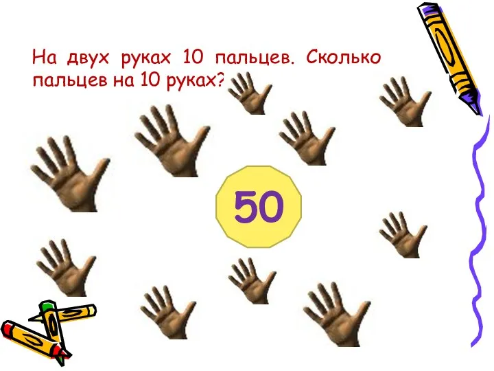 На двух руках 10 пальцев. Сколько пальцев на 10 руках? 50