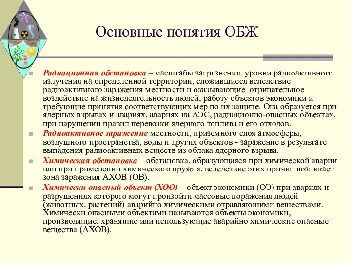 Основные понятия ОБЖ Радиационная обстановка – масштабы загрязнения, уровни радиоактивного