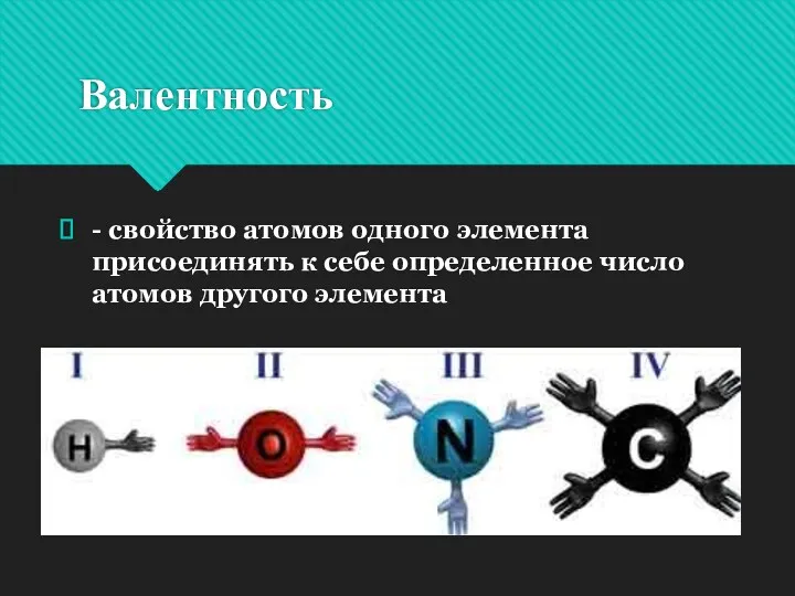 Валентность - свойство атомов одного элемента присоединять к себе определенное число атомов другого элемента