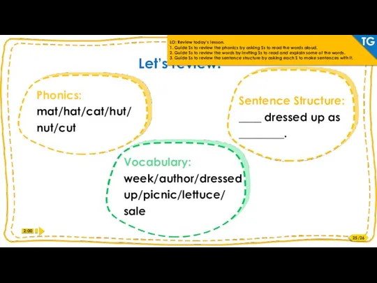 Phonics: mat/hat/cat/hut/nut/cut Vocabulary: week/author/dressed up/picnic/lettuce/ sale Review Sentence Structure: ____ dressed up as ________. Let’s review!