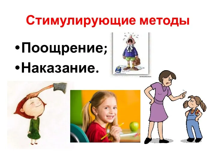 Стимулирующие методы Поощрение; Наказание.