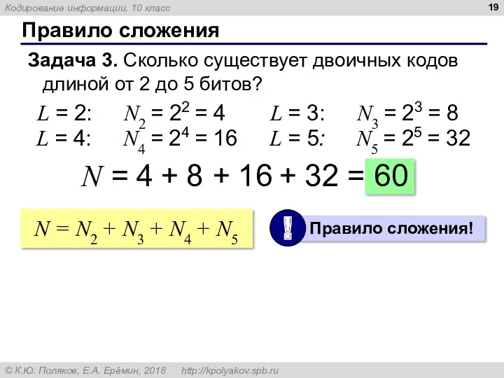 Правило сложения Задача 3. Сколько существует двоичных кодов длиной от