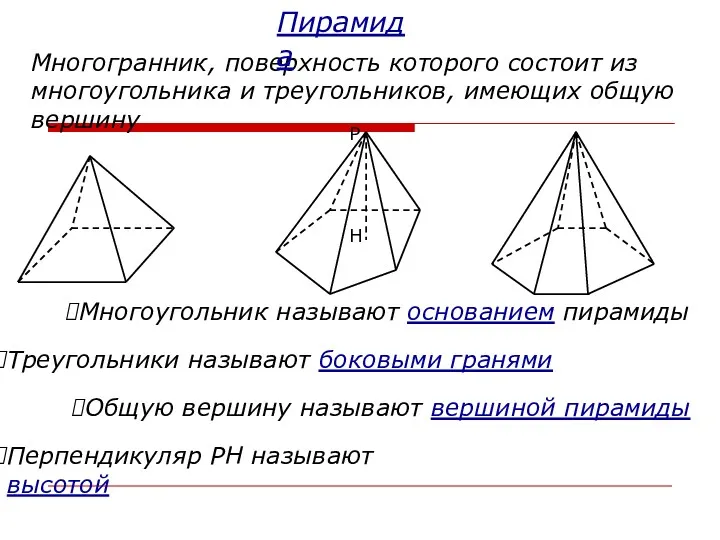 Многогранник, поверхность которого состоит из многоугольника и треугольников, имеющих общую вершину Многоугольник называют
