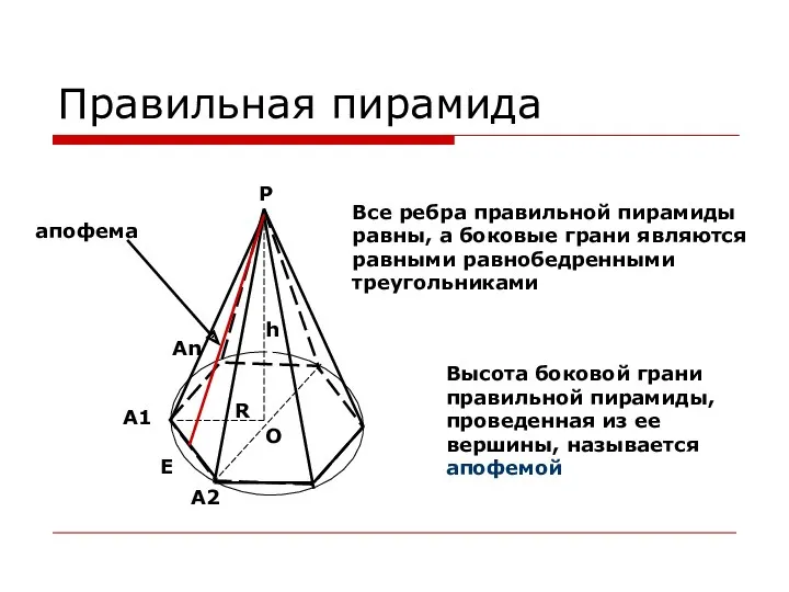 Правильная пирамида О P h E R A1 An A2 Все ребра правильной