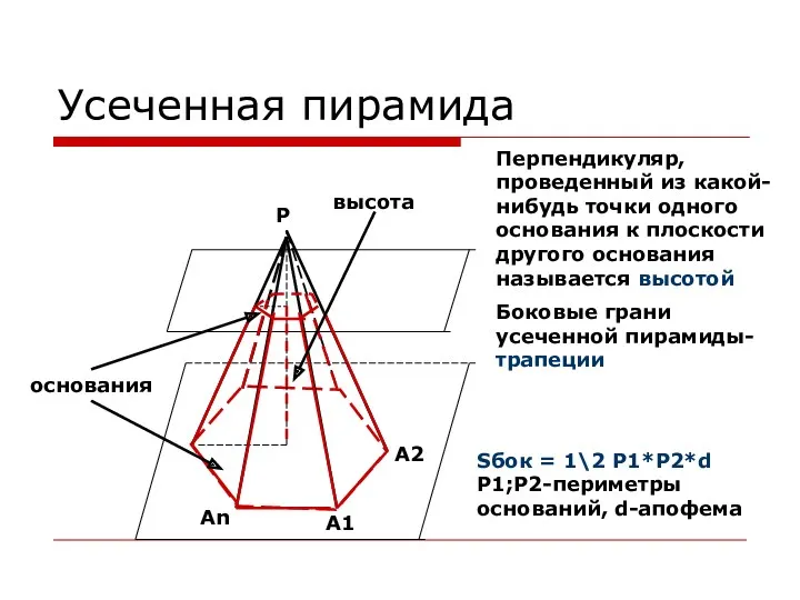 Усеченная пирамида Перпендикуляр, проведенный из какой-нибудь точки одного основания к плоскости другого основания