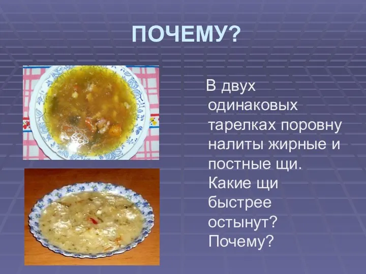 ПОЧЕМУ? В двух одинаковых тарелках поровну налиты жирные и постные щи. Какие щи быстрее остынут? Почему?