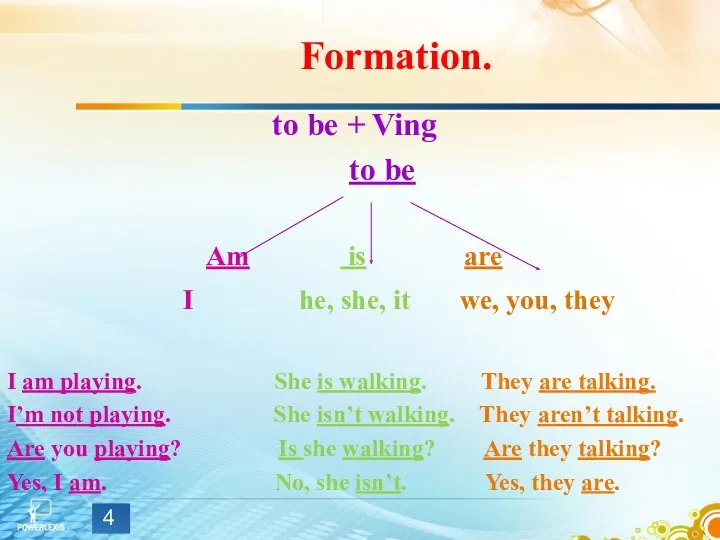 Formation. to be + Ving to be Am is are