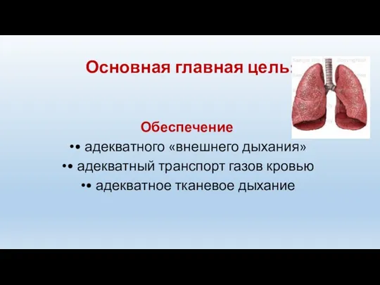 Основная главная цель: Обеспечение • адекватного «внешнего дыхания» • адекватный