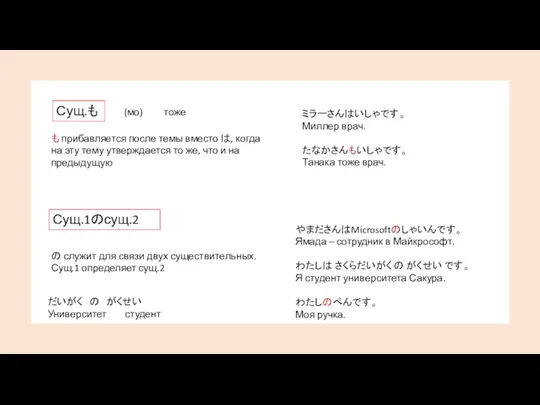 Сущ.も も прибавляется после темы вместо は, когда на эту