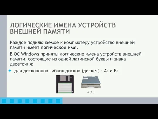 ЛОГИЧЕСКИЕ ИМЕНА УСТРОЙСТВ ВНЕШНЕЙ ПАМЯТИ Каждое подключаемое к компьютеру устройство