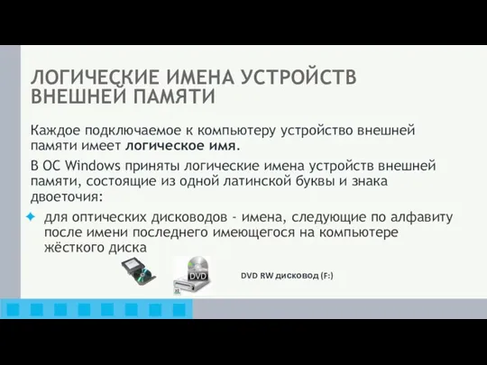 ЛОГИЧЕСКИЕ ИМЕНА УСТРОЙСТВ ВНЕШНЕЙ ПАМЯТИ Каждое подключаемое к компьютеру устройство